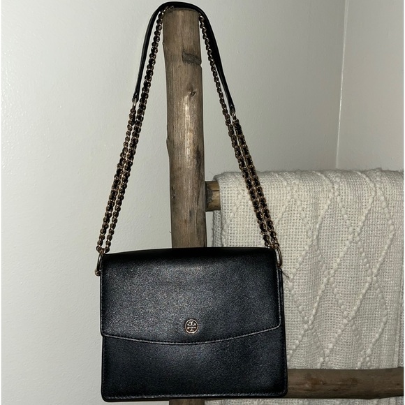 Authentic TORY BURCH Logo Chain Shoulder Bag Leather Black - Picture 2 of 13